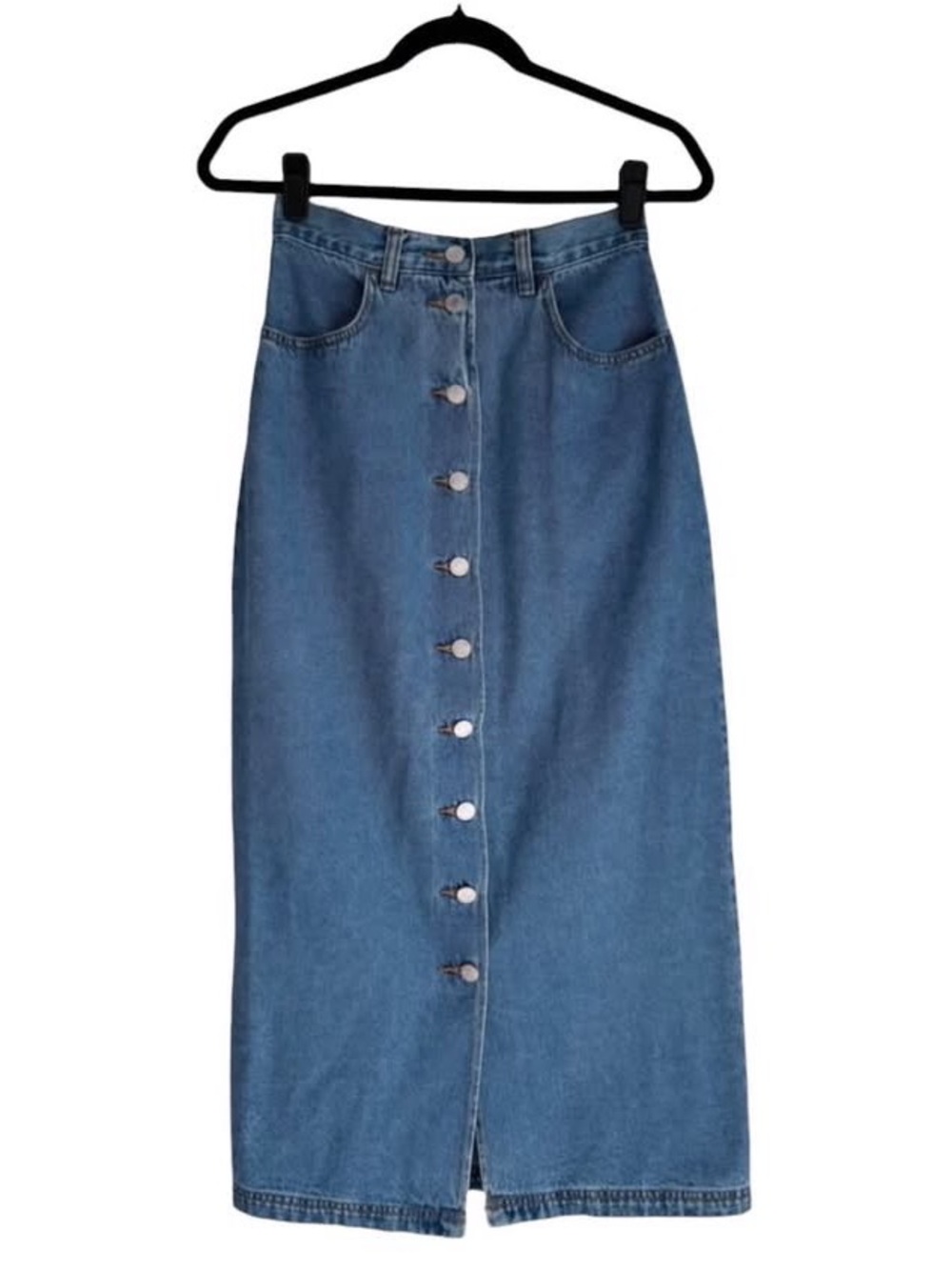 90s Y2K Blue Denim Button-Front Maxi Skirt Midi Dark Academia Back to school